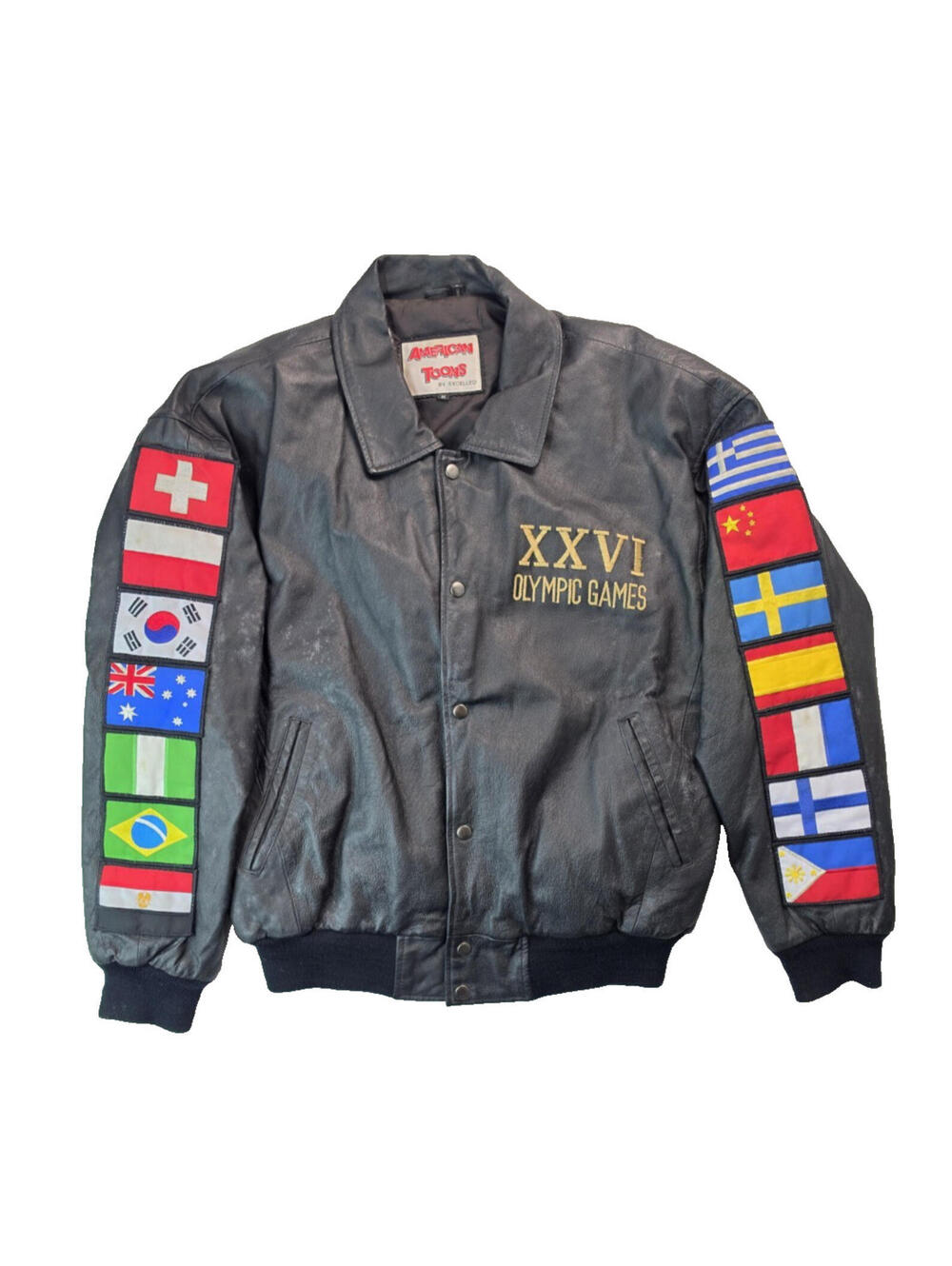 American Toons Atlanta Olympics 1996 Vintage Flag Patch Leather Jacket Mens M